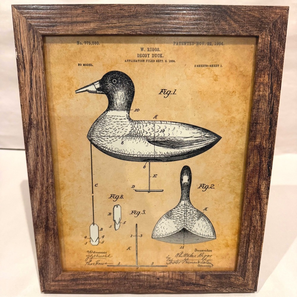 Duck‎ Decoy Patent Print Framed Wall Art 1904 W Riggs Hunting Lodge Waterfowl